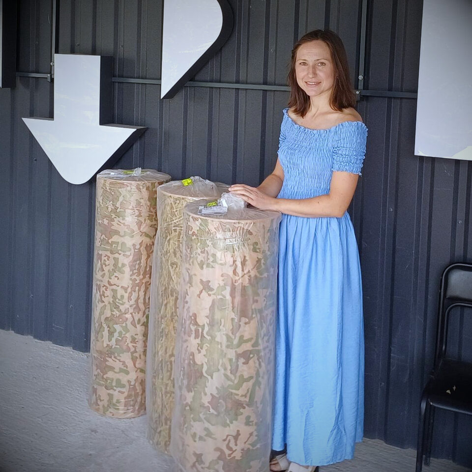 We purchased 3 more rolls of specialty fabric for our volunteers making camo netting.